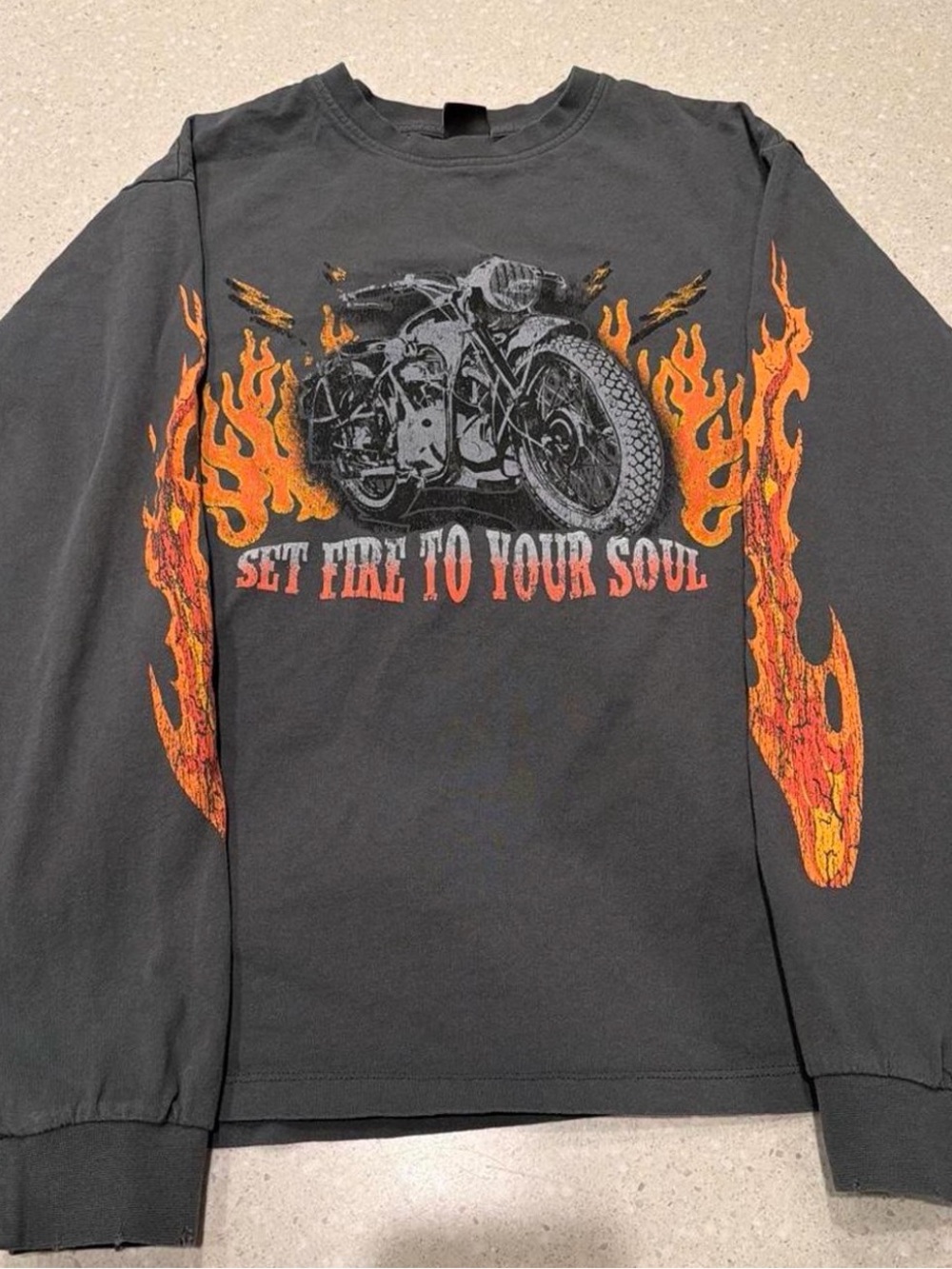 Urban Outfitters Black Long-Sleeve Motorcycle Flame Graphic Tee